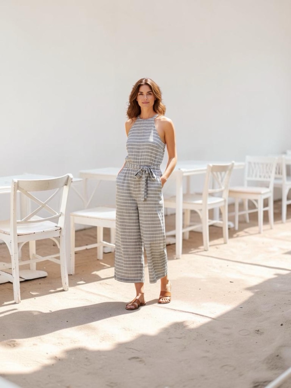 Loft Striped Linen-Blend Halter Jumpsuit in Light Gray Size M NWT
